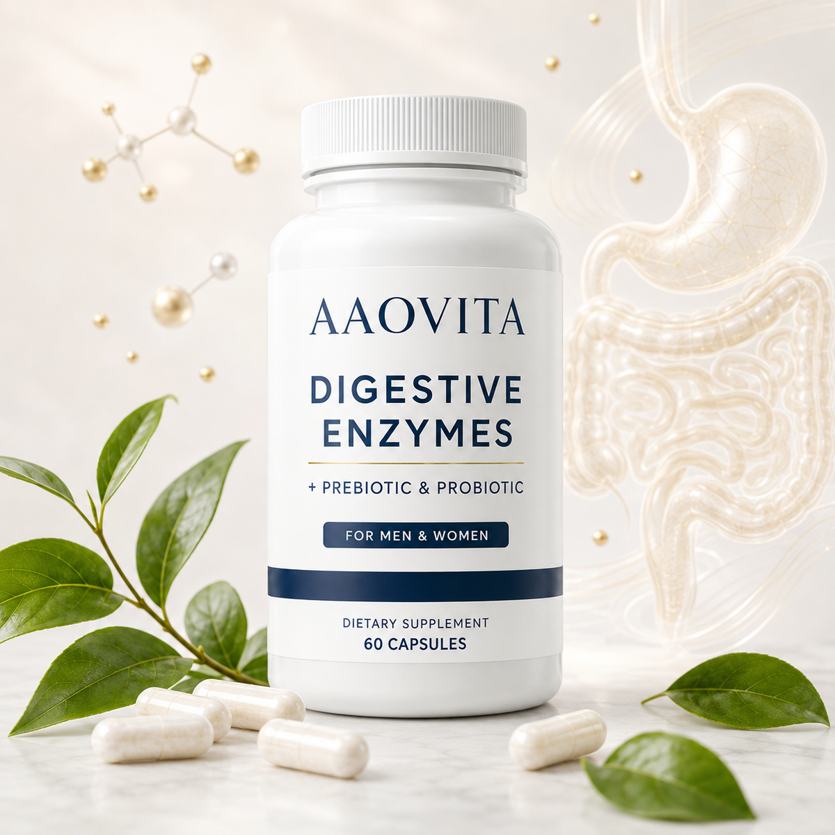 AAOVITA Digestive Enzymes with gut illustration